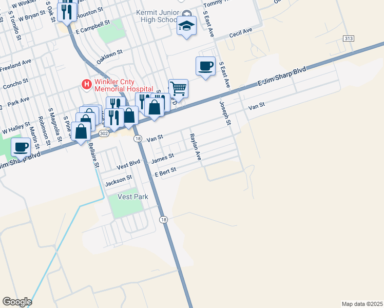 map of restaurants, bars, coffee shops, grocery stores, and more near 290 Bert Street in Kermit