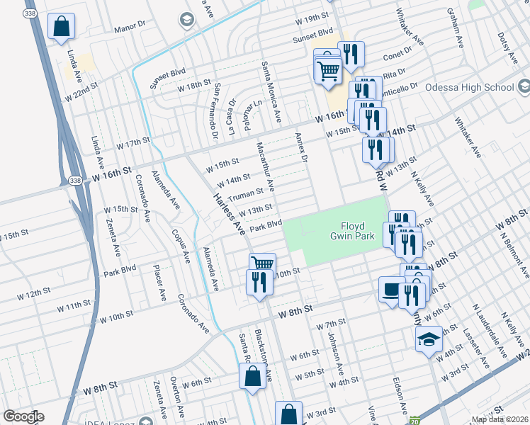 map of restaurants, bars, coffee shops, grocery stores, and more near 2400 Park Boulevard in Odessa