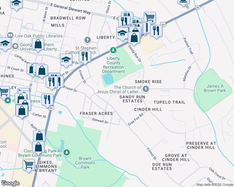 map of restaurants, bars, coffee shops, grocery stores, and more near 514 Heritage Drive in Hinesville