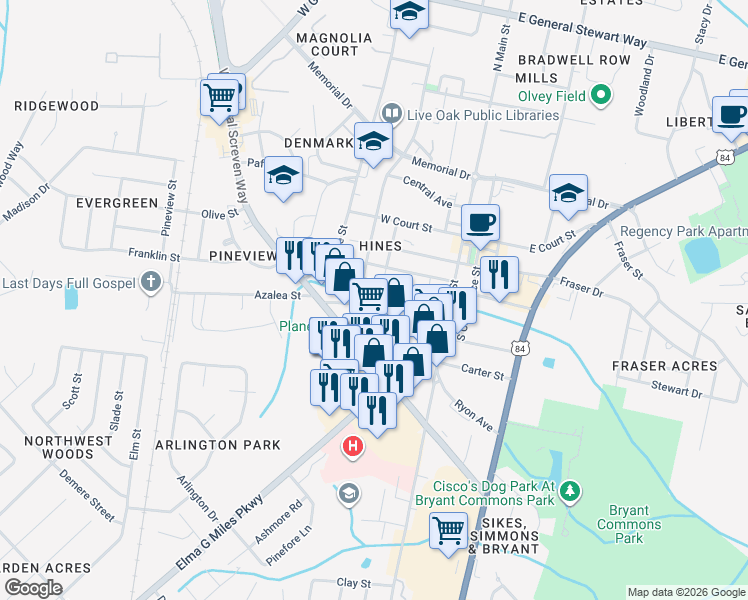 map of restaurants, bars, coffee shops, grocery stores, and more near 318 Ashmore Street in Hinesville