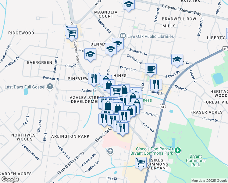 map of restaurants, bars, coffee shops, grocery stores, and more near 318 Welborn Street in Hinesville