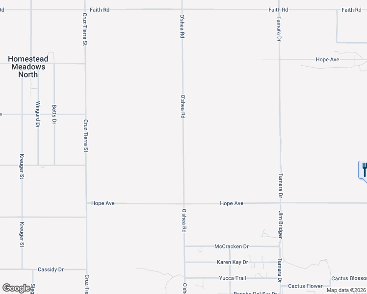 map of restaurants, bars, coffee shops, grocery stores, and more near O'shea Road in Homestead Meadows North