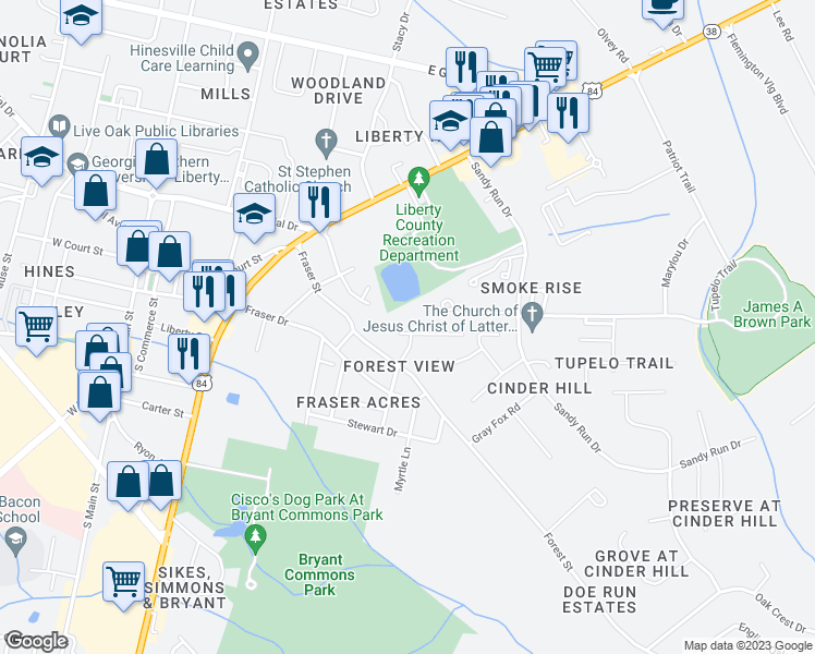 map of restaurants, bars, coffee shops, grocery stores, and more near 506 Heritage Drive in Hinesville