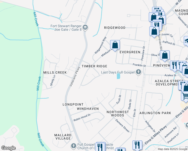 map of restaurants, bars, coffee shops, grocery stores, and more near Woods Court in Hinesville
