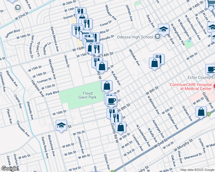 map of restaurants, bars, coffee shops, grocery stores, and more near 1020 North County Road West in Odessa