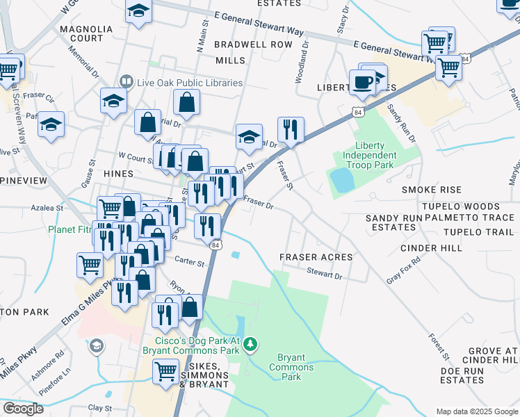 map of restaurants, bars, coffee shops, grocery stores, and more near 303 Fraser Drive in Hinesville