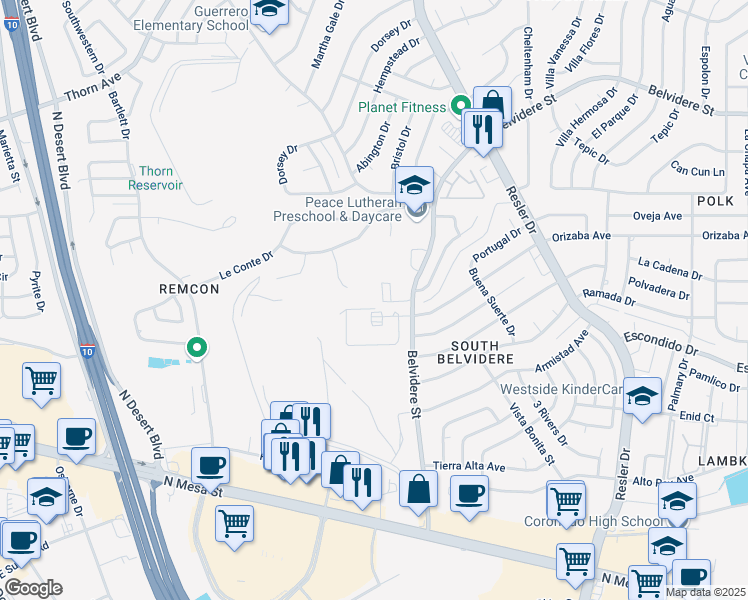 map of restaurants, bars, coffee shops, grocery stores, and more near 7303 Good Samaritan Court in El Paso