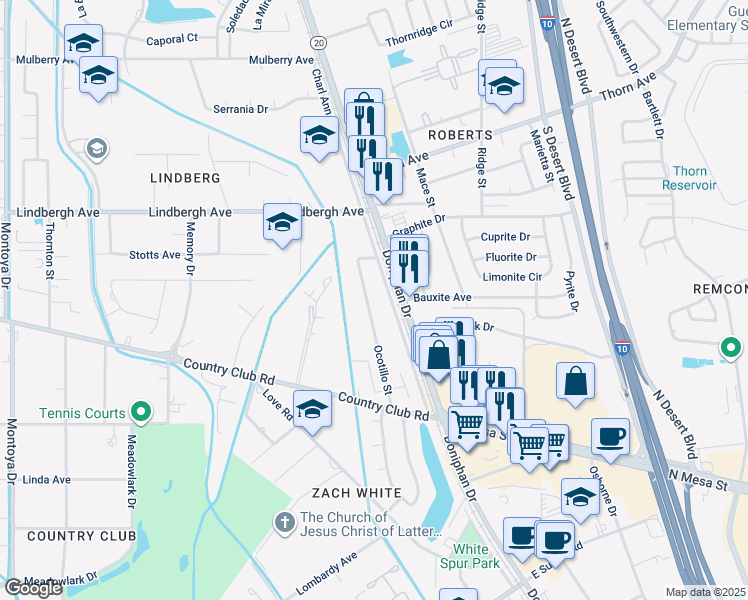map of restaurants, bars, coffee shops, grocery stores, and more near 5050 Ocotillo Street in El Paso