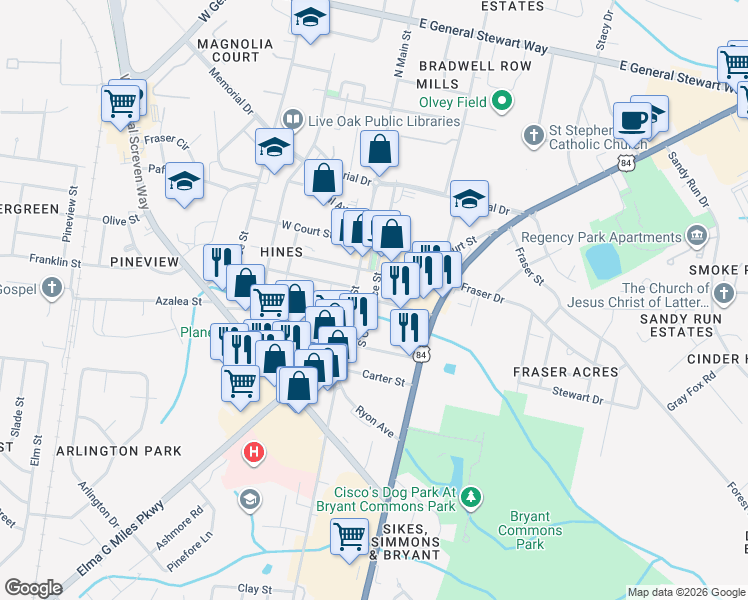 map of restaurants, bars, coffee shops, grocery stores, and more near South Commerce Street in Hinesville