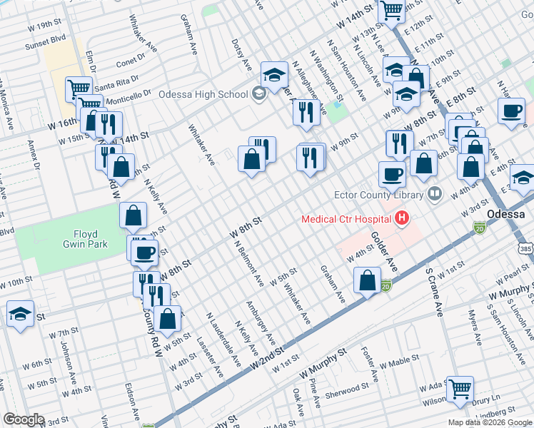 map of restaurants, bars, coffee shops, grocery stores, and more near Mckinney Avenue in Odessa