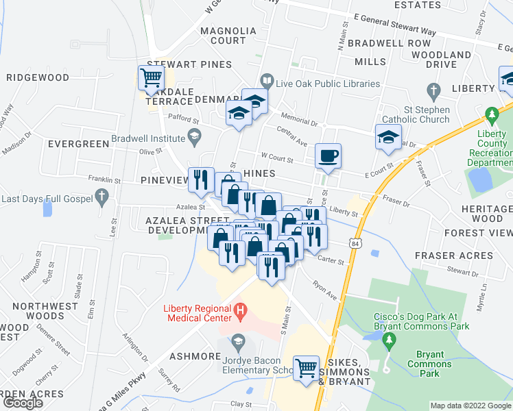 map of restaurants, bars, coffee shops, grocery stores, and more near 314 Ashmore Street in Hinesville