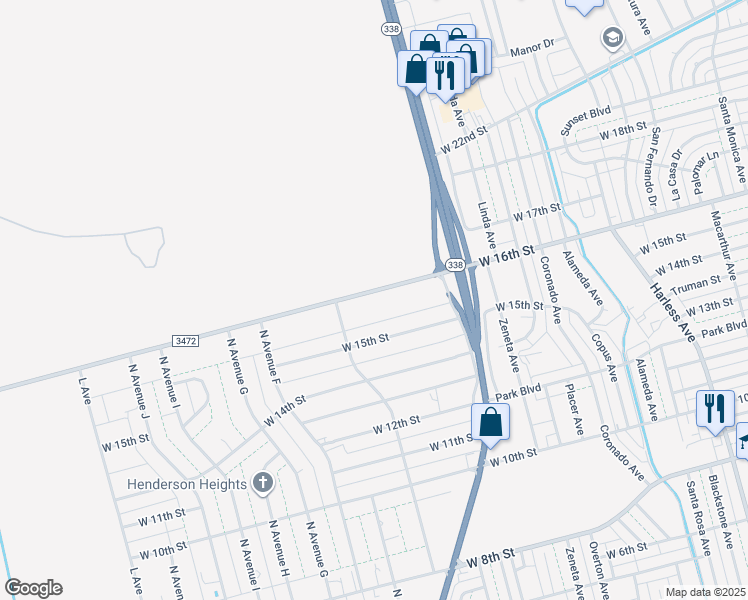 map of restaurants, bars, coffee shops, grocery stores, and more near 3566 West 15th Street in Odessa