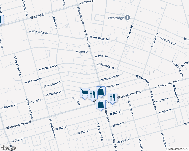 map of restaurants, bars, coffee shops, grocery stores, and more near 10540 W Westland Dr in Odessa