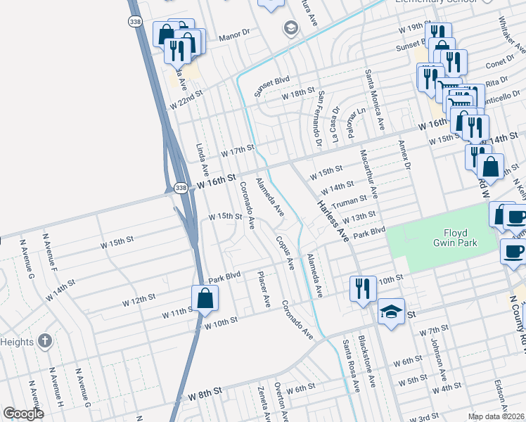 map of restaurants, bars, coffee shops, grocery stores, and more near 1517 Alameda Avenue in Odessa