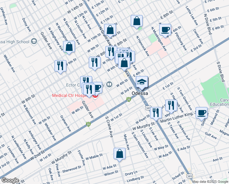 map of restaurants, bars, coffee shops, grocery stores, and more near 219 West 4th Street in Odessa