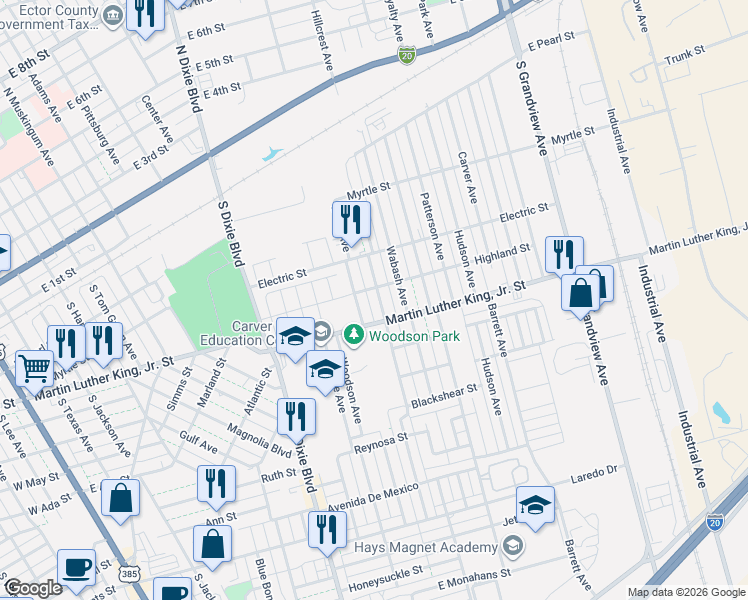 map of restaurants, bars, coffee shops, grocery stores, and more near 416 Wabash Avenue in Odessa