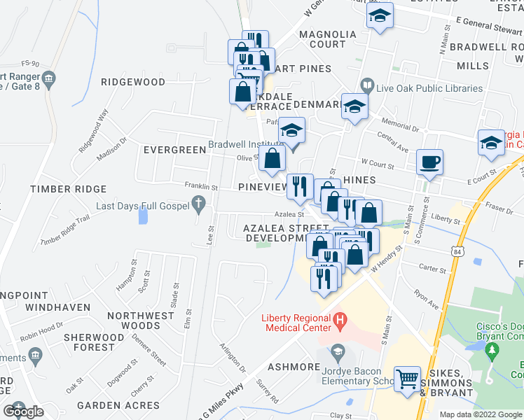 map of restaurants, bars, coffee shops, grocery stores, and more near 521 Azalea Street in Hinesville