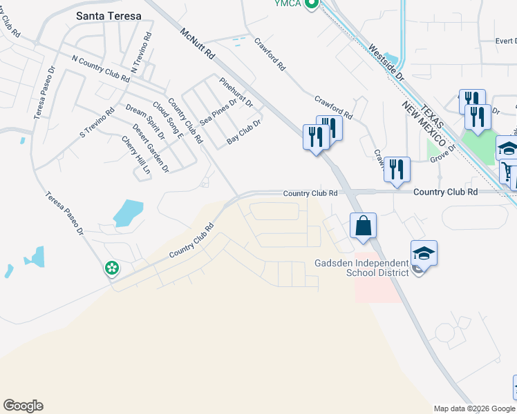 map of restaurants, bars, coffee shops, grocery stores, and more near Country Club Road in Santa Teresa