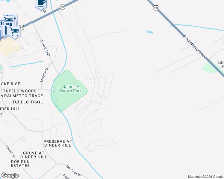 map of restaurants, bars, coffee shops, grocery stores, and more near Perlieu Court in Hinesville