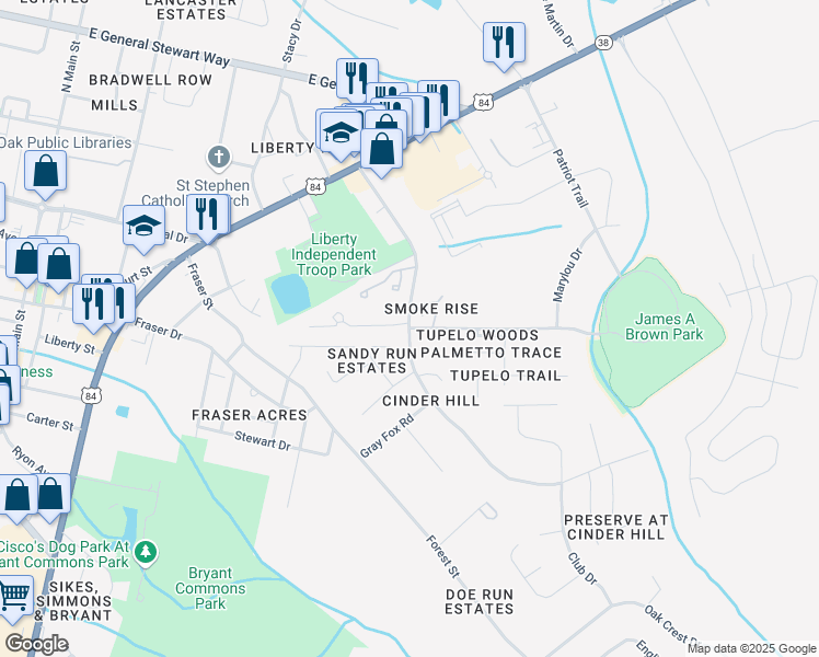map of restaurants, bars, coffee shops, grocery stores, and more near Sandy Run Drive in Hinesville