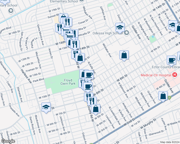 map of restaurants, bars, coffee shops, grocery stores, and more near 1415 West 12th Street in Odessa