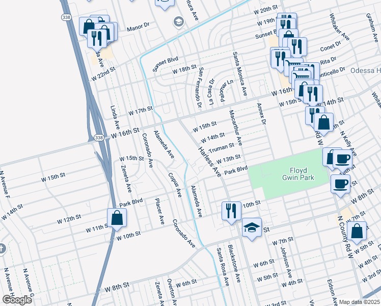 map of restaurants, bars, coffee shops, grocery stores, and more near 1401-1499 Harless Avenue in Odessa
