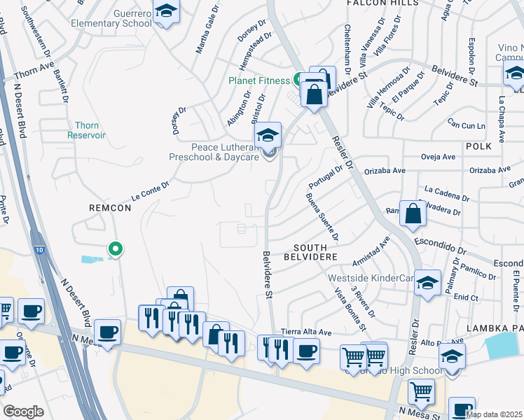 map of restaurants, bars, coffee shops, grocery stores, and more near 521 Belvidere Street in El Paso