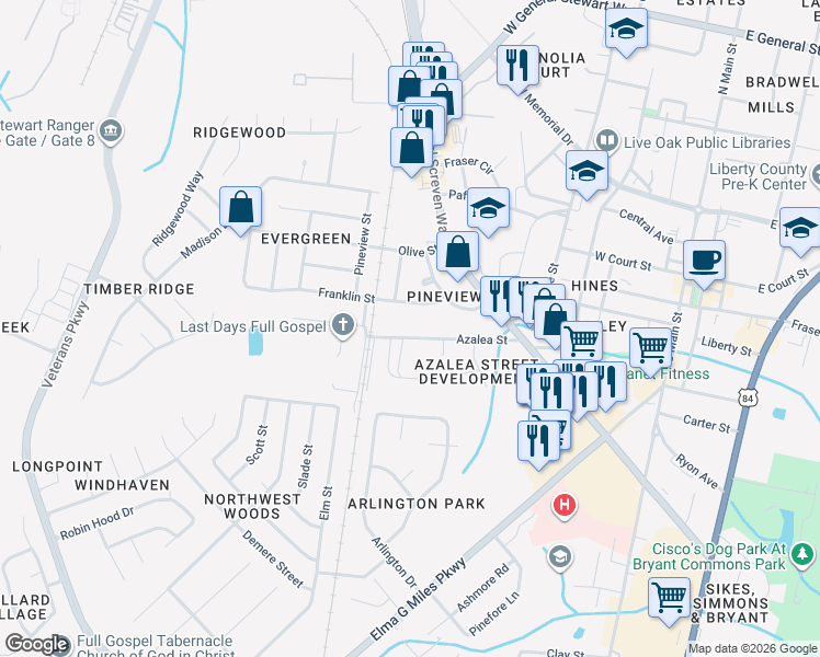 map of restaurants, bars, coffee shops, grocery stores, and more near 514 Franklin Street in Hinesville