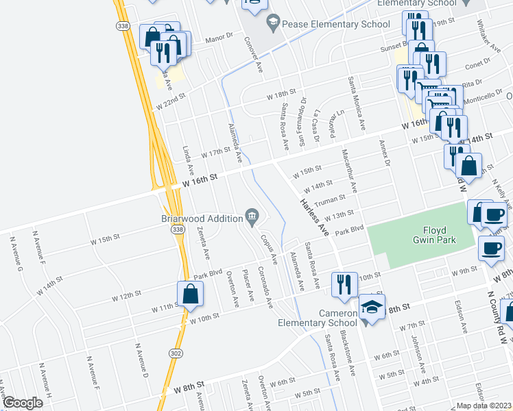 map of restaurants, bars, coffee shops, grocery stores, and more near 1435 Alameda Avenue in Odessa