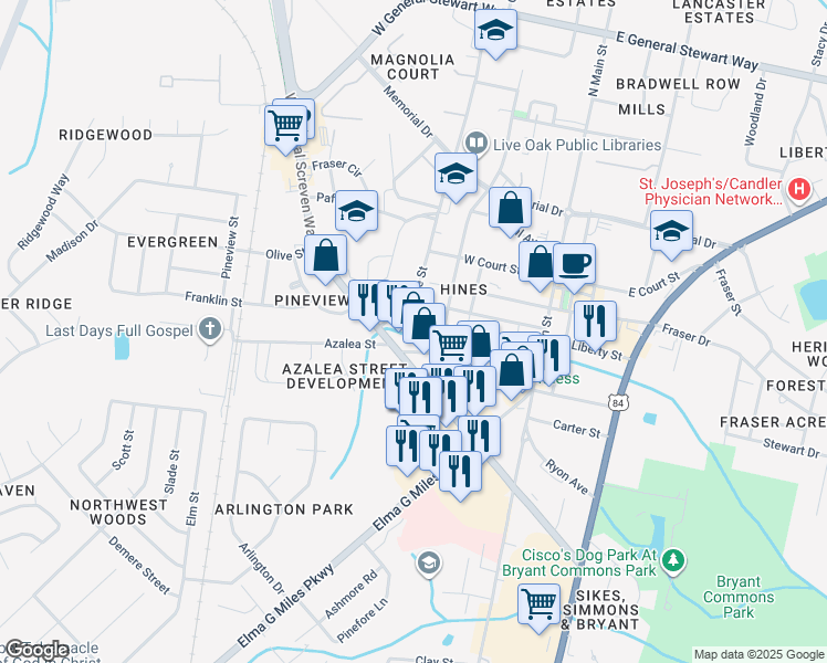map of restaurants, bars, coffee shops, grocery stores, and more near 320 Pleasant Street in Hinesville