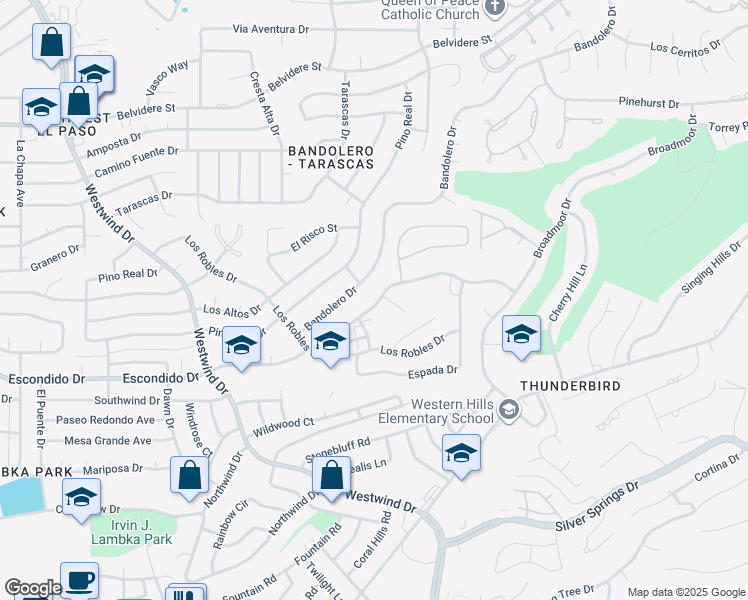 map of restaurants, bars, coffee shops, grocery stores, and more near 6212 Escondido Drive in El Paso
