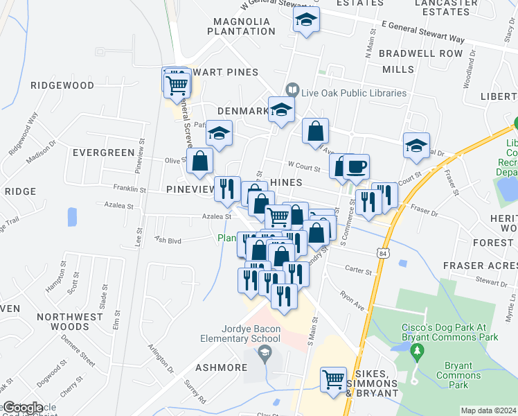 map of restaurants, bars, coffee shops, grocery stores, and more near Pleasant Street in Hinesville