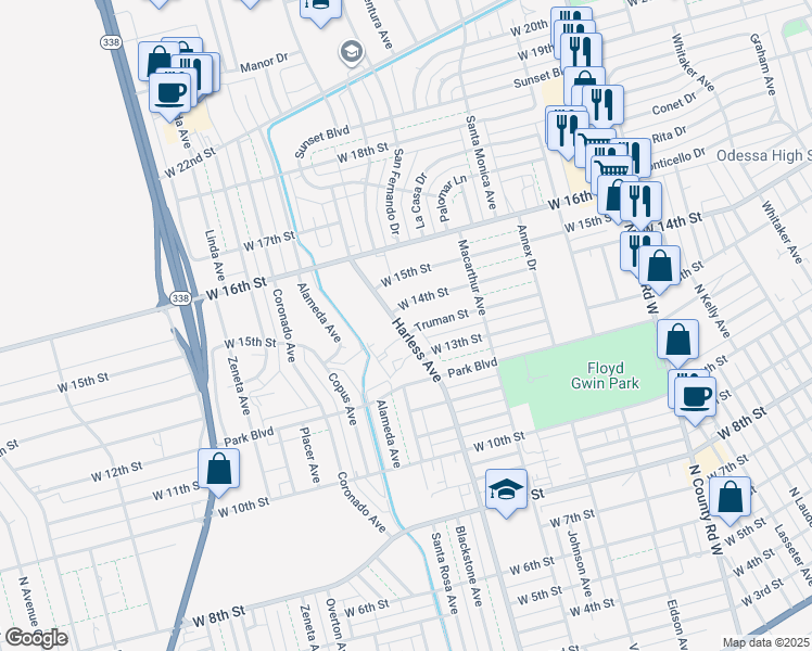 map of restaurants, bars, coffee shops, grocery stores, and more near 2435 West 14th Street in Odessa