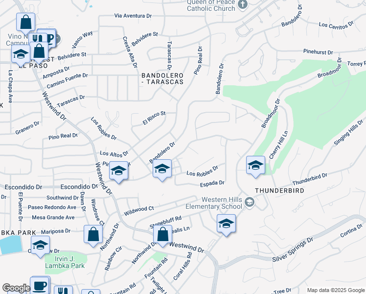 map of restaurants, bars, coffee shops, grocery stores, and more near 6212 Escondido Drive in El Paso