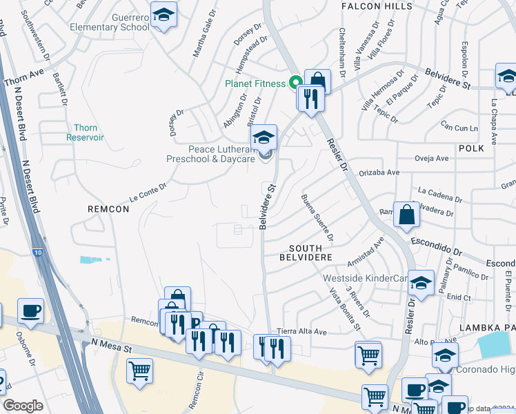 map of restaurants, bars, coffee shops, grocery stores, and more near 521 Belvidere Street in El Paso