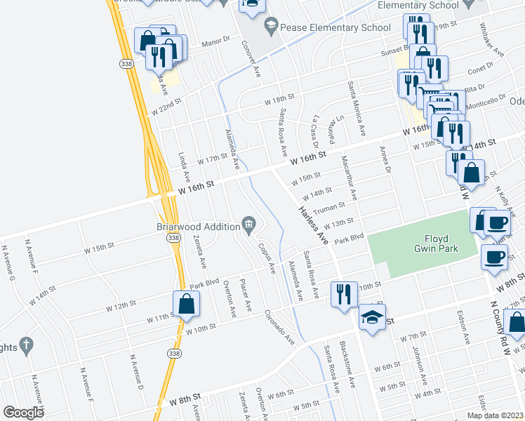map of restaurants, bars, coffee shops, grocery stores, and more near 1435 Alameda Avenue in Odessa