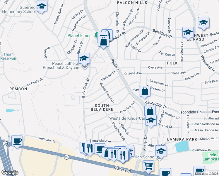 map of restaurants, bars, coffee shops, grocery stores, and more near 7133 Gran Vida Drive in El Paso