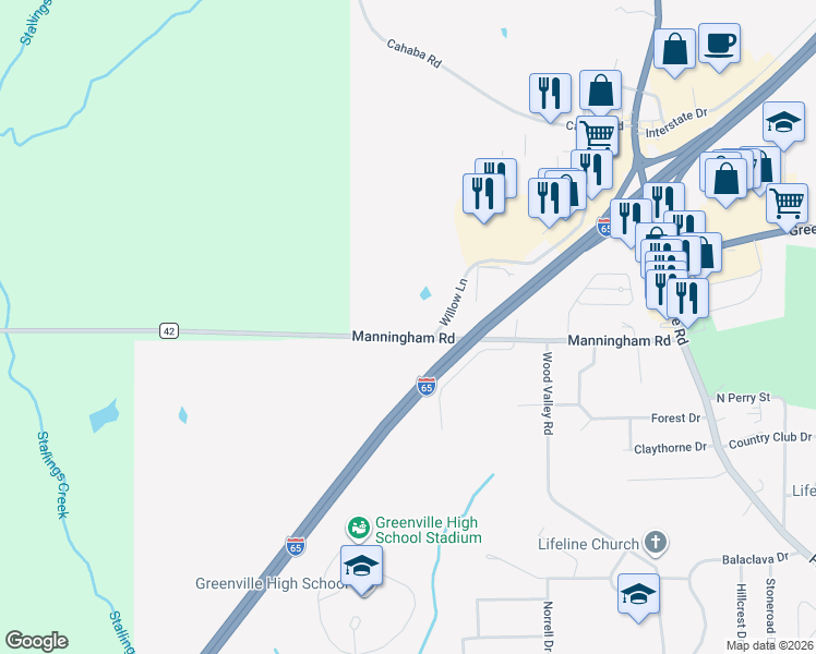 map of restaurants, bars, coffee shops, grocery stores, and more near 584 Manningham Road in Greenville