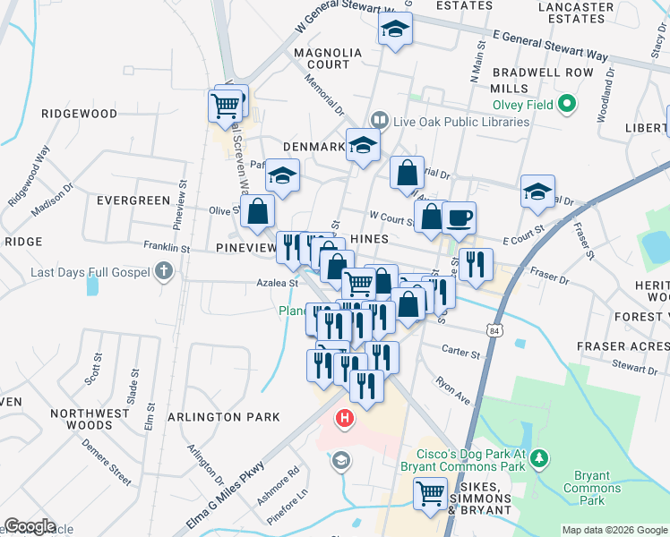 map of restaurants, bars, coffee shops, grocery stores, and more near 311 Pleasant Street in Hinesville