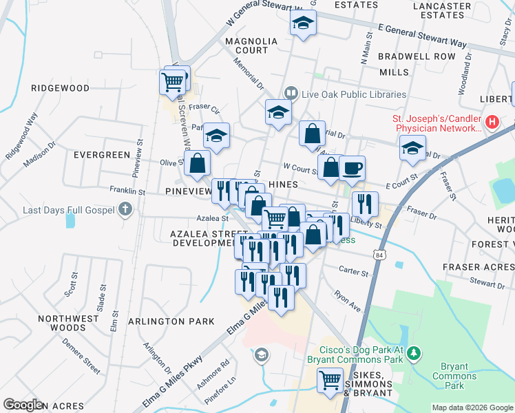 map of restaurants, bars, coffee shops, grocery stores, and more near 919 Pleasant Street in Hinesville