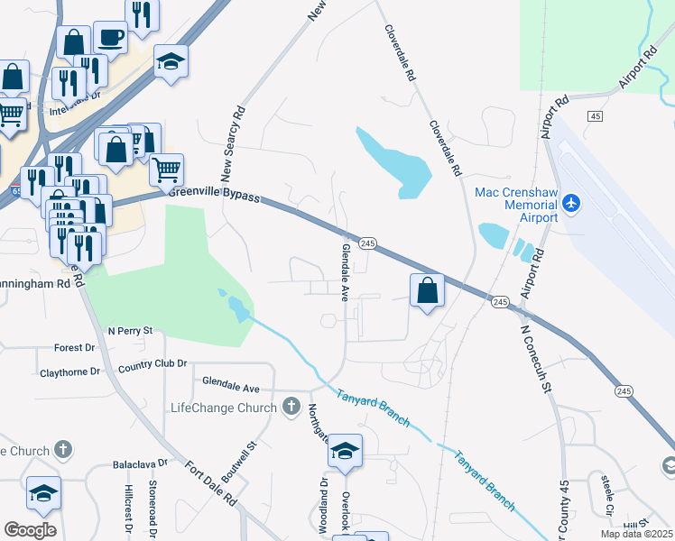 map of restaurants, bars, coffee shops, grocery stores, and more near 591 Glendale Avenue in Greenville