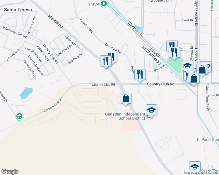 map of restaurants, bars, coffee shops, grocery stores, and more near 1300 Country Club Road in Santa Teresa