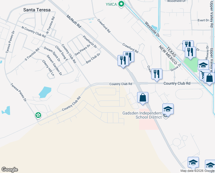 map of restaurants, bars, coffee shops, grocery stores, and more near 1305 Country Club Road in Santa Teresa