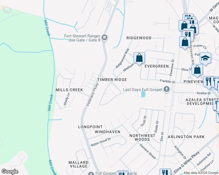 map of restaurants, bars, coffee shops, grocery stores, and more near 773 Madison Drive in Hinesville
