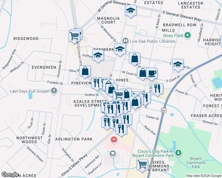 map of restaurants, bars, coffee shops, grocery stores, and more near 919 Pleasant Street in Hinesville
