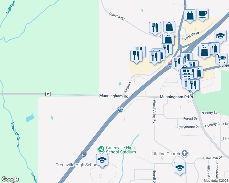 map of restaurants, bars, coffee shops, grocery stores, and more near 584 Manningham Road in Greenville