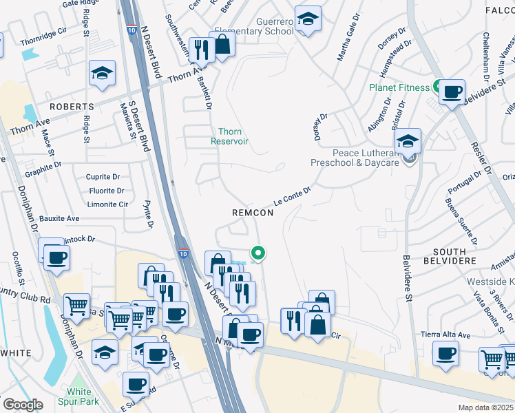 map of restaurants, bars, coffee shops, grocery stores, and more near 7577B Le Conte Drive in El Paso