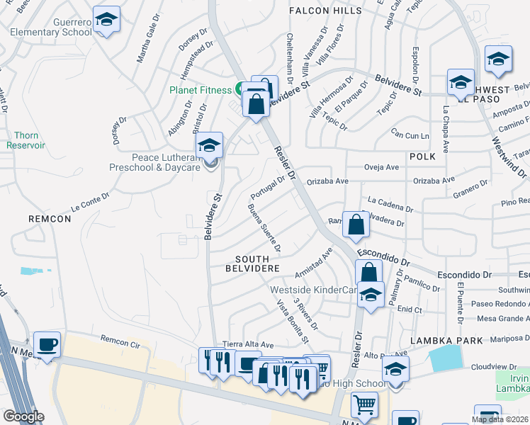 map of restaurants, bars, coffee shops, grocery stores, and more near 7133 Gran Vida Drive in El Paso