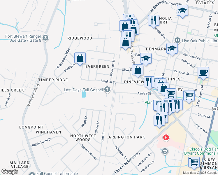 map of restaurants, bars, coffee shops, grocery stores, and more near 605 Azalea Street in Hinesville