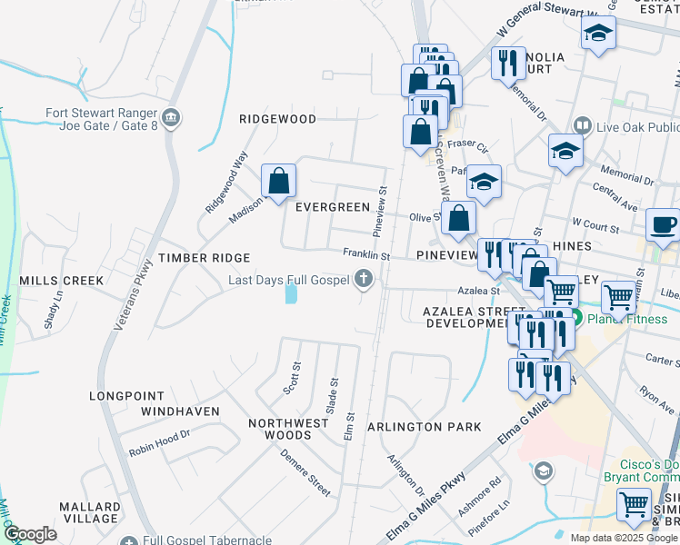 map of restaurants, bars, coffee shops, grocery stores, and more near 621 Azalea Street in Hinesville